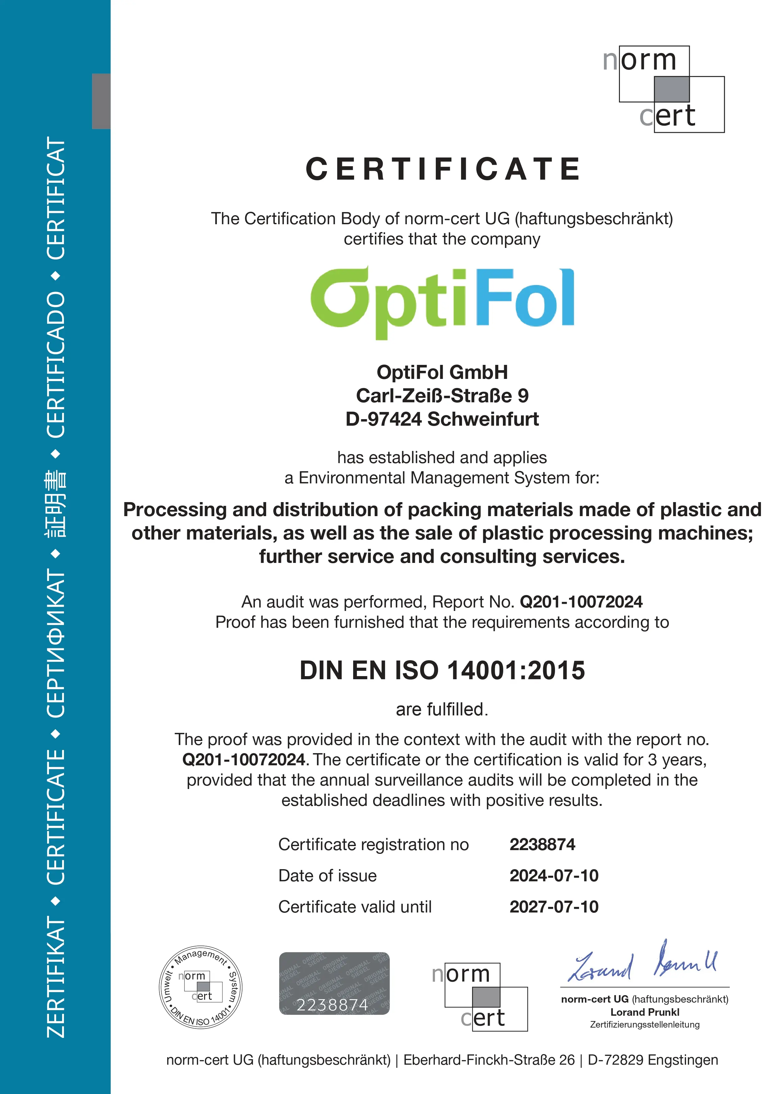 Zertifikat  von Optifol folie kann mehr